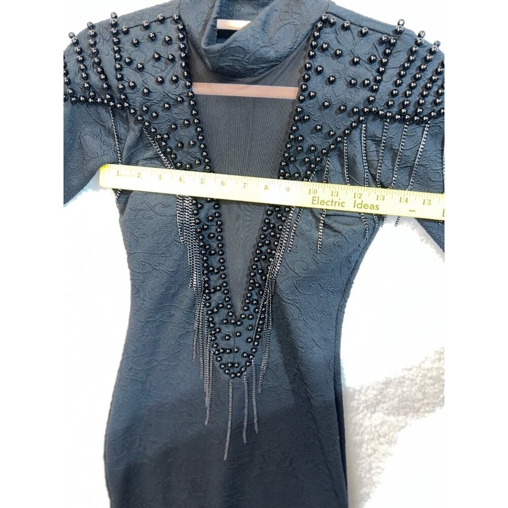 Carol Catugy Black Beaded Cocktail Dress w Sheer Plunge Neckline Embellished Med - Picture 4 of 9